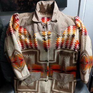 Vintage and unique Pendleton Harding Blanket Coat with Leather yoke and trim